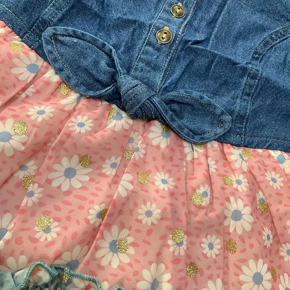 Zunie Girls Denim Daisy Floral Tiered Dress Size XS NWT